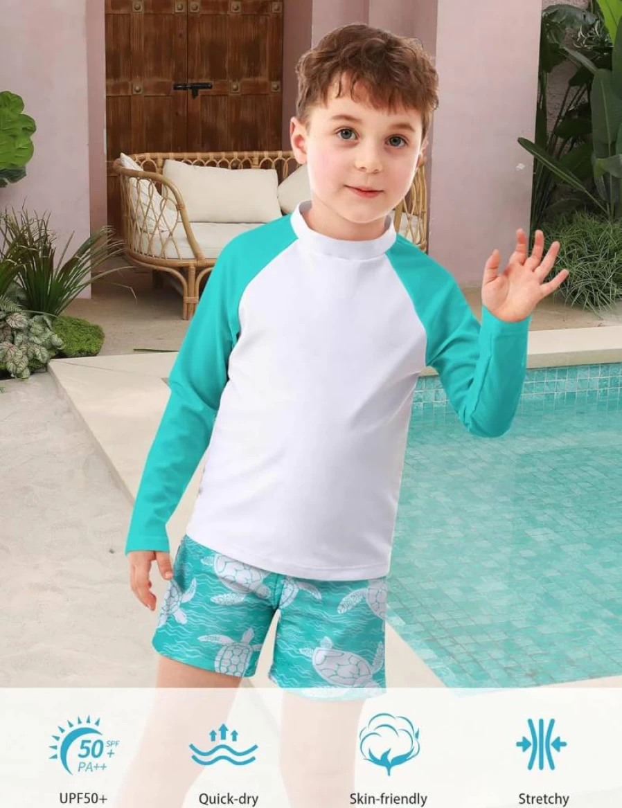 SunFocus Boys 2-Piece Long Sleeve Rash Guard Swimsuits for Kids - UPF 50+ UV Protection Bathing Suit Set