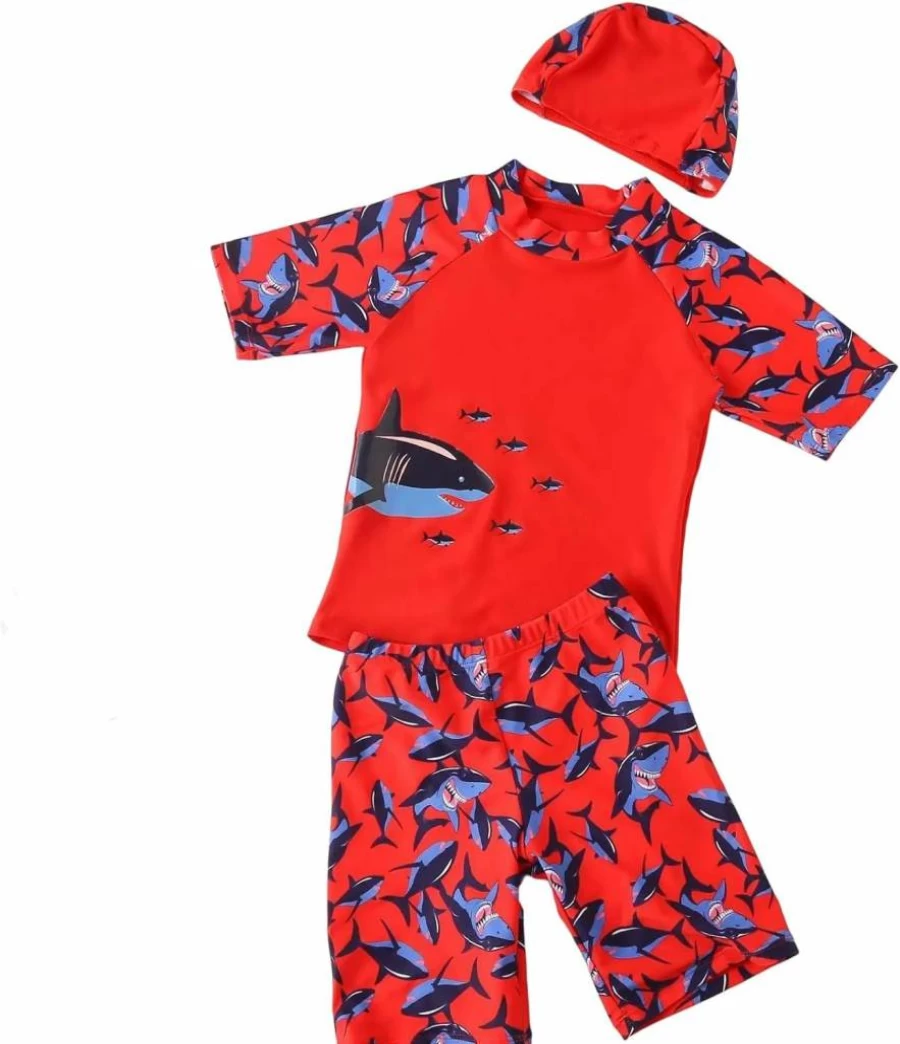YAGATA Boys 3-Piece Swim Set - Toddler Rash Guard Swim Shirt & Swim Trunks, UPF 50+ Sun Protection Bathing Suit
