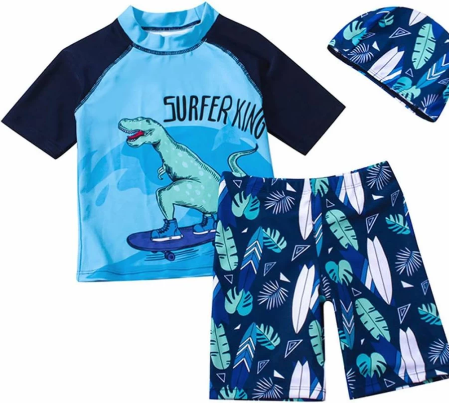 YAGATA Boys 3-Piece Swim Set - Toddler Rash Guard Swim Shirt & Swim Trunks, UPF 50+ Sun Protection Bathing Suit