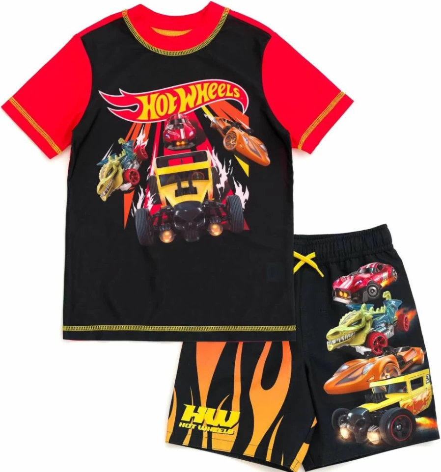 Hot Wheels Boys' UPF 50+ Swim Shirt and Trunks Set for Toddlers to Big Kids - Rash Guard & Swim Shorts Outfit