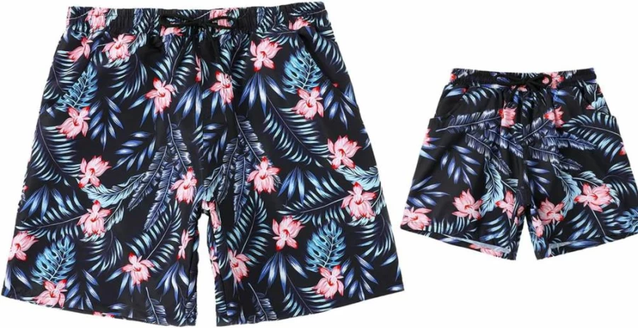 OMZIN Men's Quick-Dry Swim Shorts with Drawstring Waist & Pockets - Father & Son Matching Beach Trunks