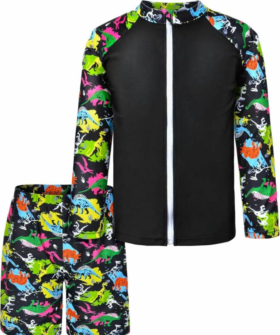 PASHOP Boys' Long Sleeve Zip-Up Rash Guard Swim Shirt & Swim Trunks 2-Piece UV Protection Swimwear Set