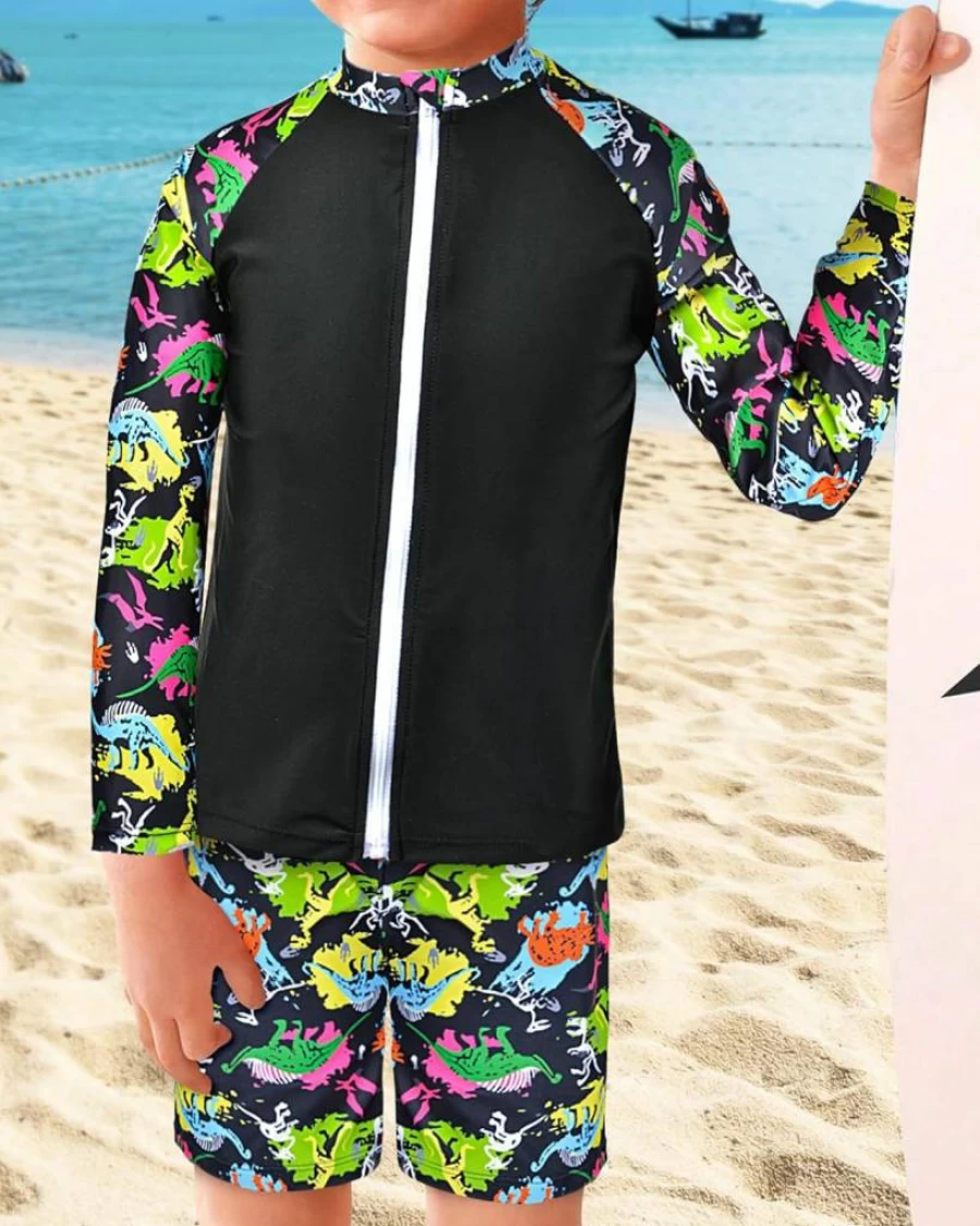 PASHOP Boys' Long Sleeve Zip-Up Rash Guard Swim Shirt & Swim Trunks 2-Piece UV Protection Swimwear Set