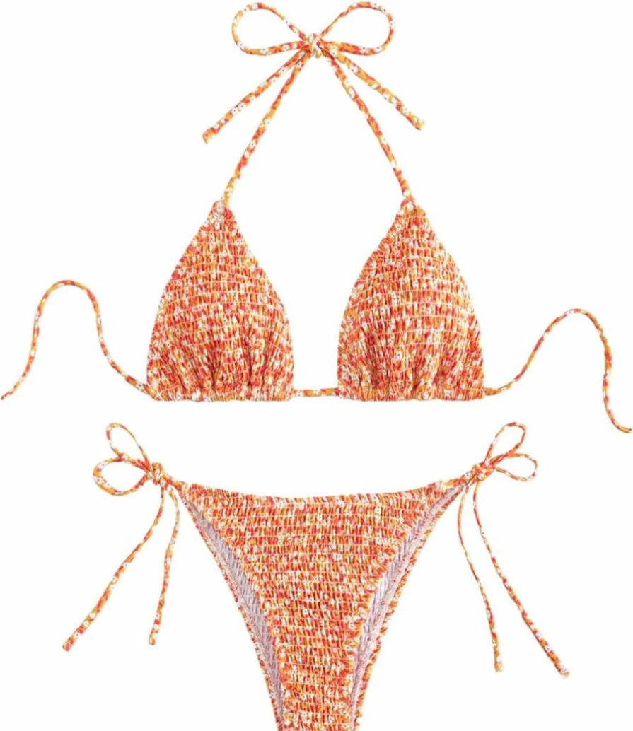 COZYEASE Women's Floral Bikini Set - Halter Triangle Top & Smocked Bottom Sexy Swimwear Two-Piece