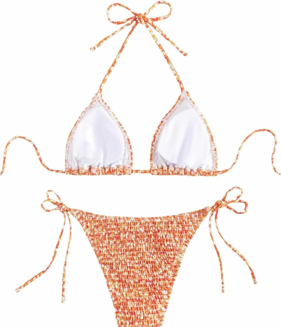 COZYEASE Women's Floral Bikini Set - Halter Triangle Top & Smocked Bottom Sexy Swimwear Two-Piece
