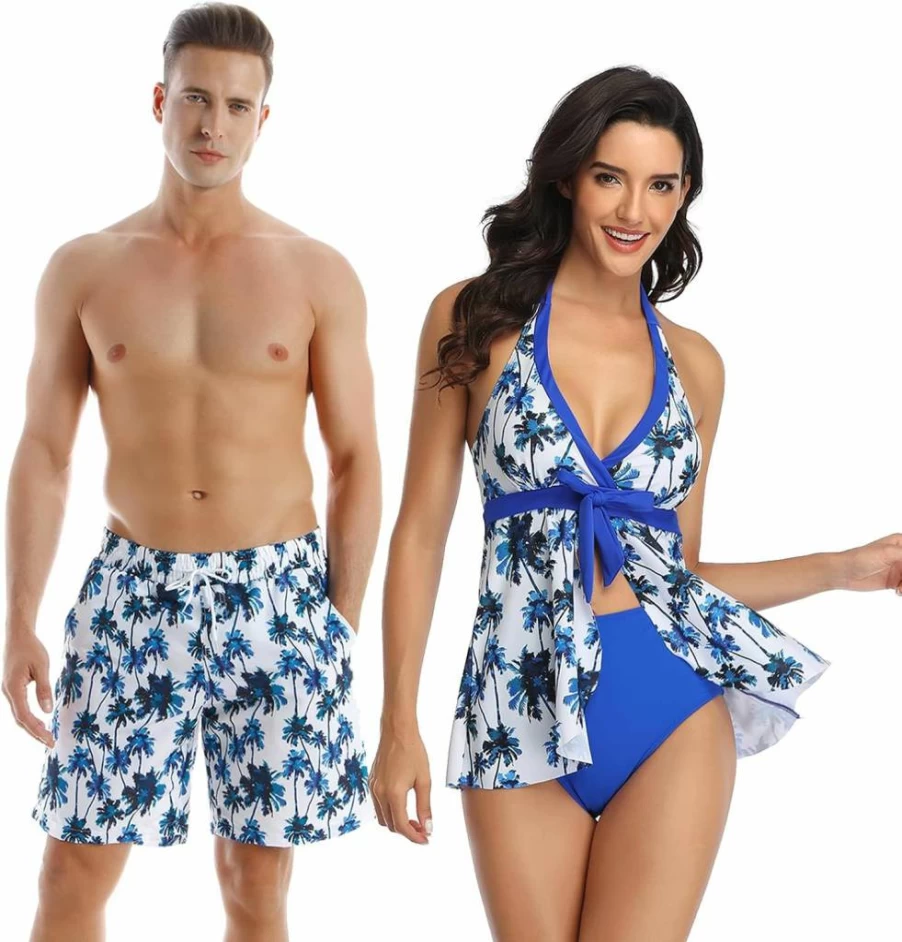 Ulikeey Couples Matching Swimsuits: Blue Coconut Tree & Black Leopard Tankini Set with Swim Trunks - His and Her Beachwear