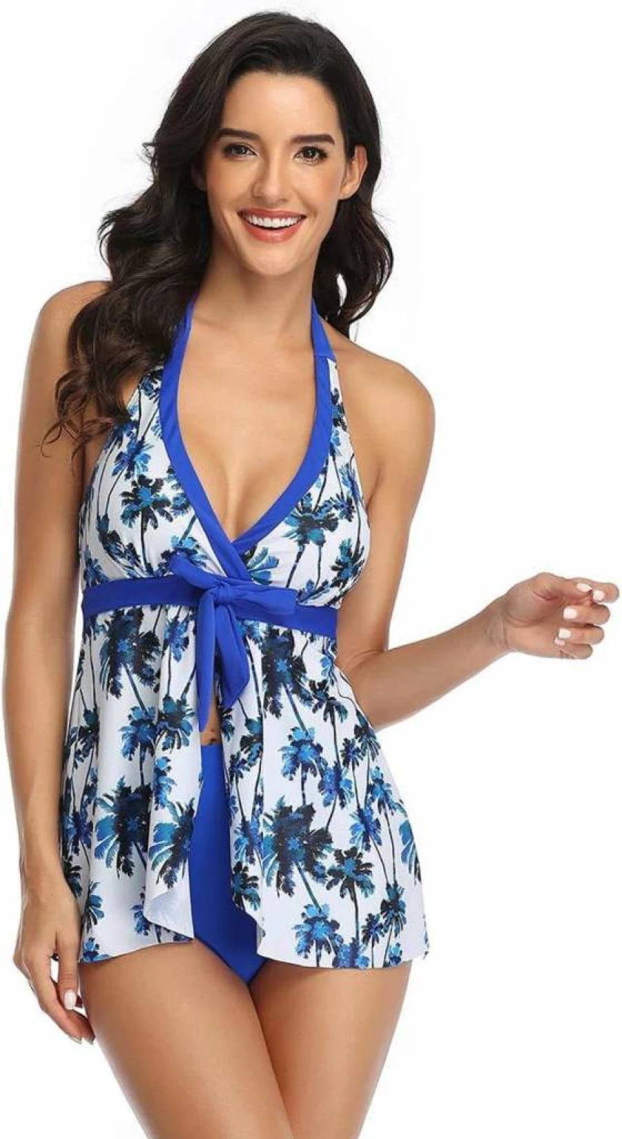 Ulikeey Couples Matching Swimsuits: Blue Coconut Tree & Black Leopard Tankini Set with Swim Trunks - His and Her Beachwear