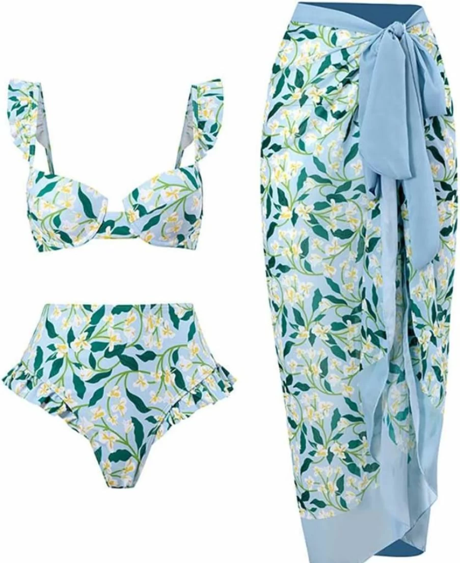 IBAKOM Women's 3-Piece Swimsuit Set with Tummy Control Bikini, Wrap Skirt & Sheer Mesh Cover Up