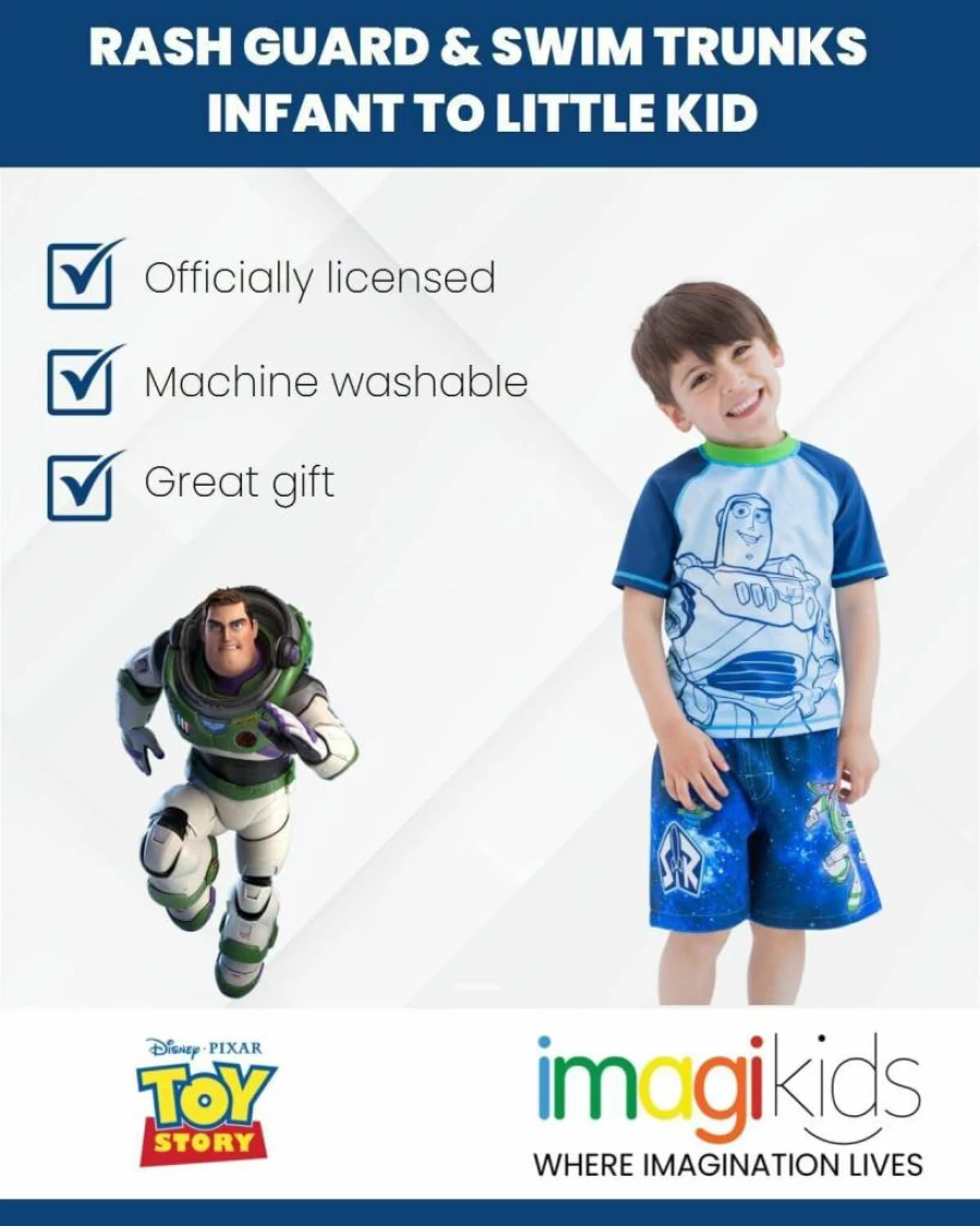 Disney Pixar Toy Story Baby Rash Guard and Swim Trunks Set - Woody, Alien, Rex, Slinky Dog Outfit for Infants to Kids