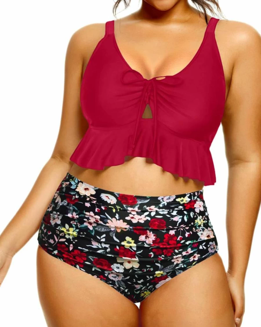 Daci Women's Plus Size High Waisted Bikini Set - Ruffle Flounce Two Piece Swimsuit with Tummy Control Bottom