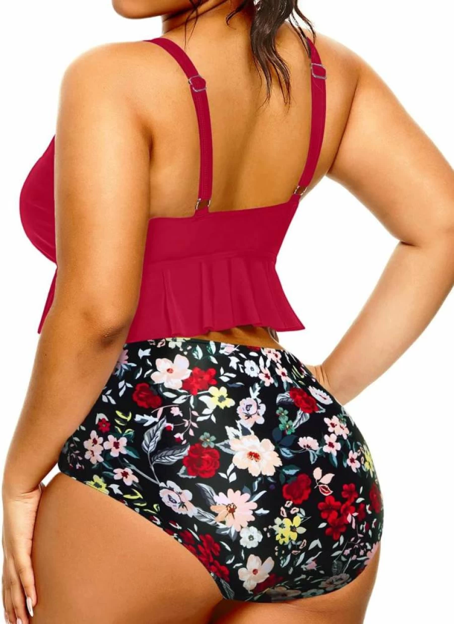 Daci Women's Plus Size High Waisted Bikini Set - Ruffle Flounce Two Piece Swimsuit with Tummy Control Bottom
