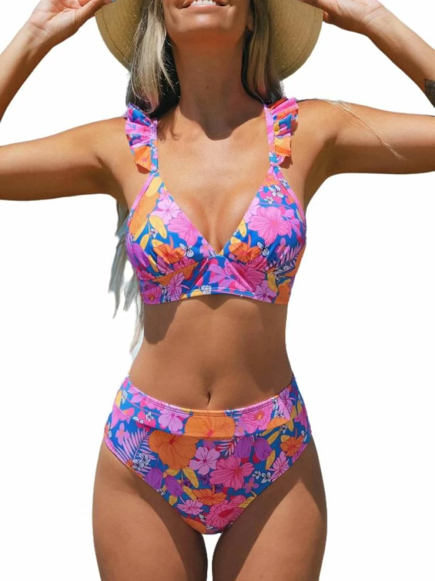 CUPSHE Women's Floral Print High Waisted Bikini Set - Ruffled V-Neck Two Piece Swimsuit for Women