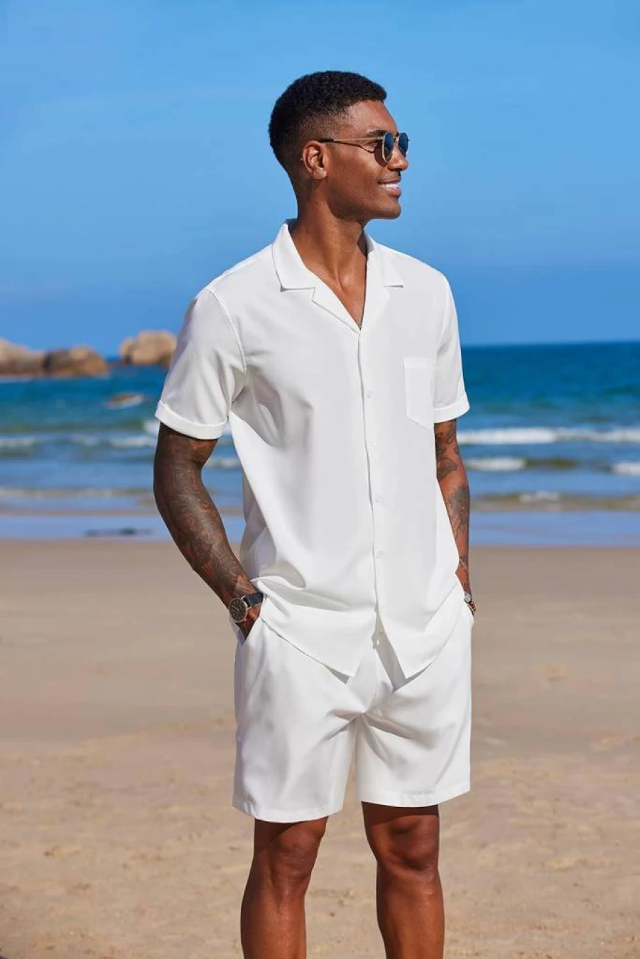 COOFANDY Men's Casual 2-Piece Summer Outfit - Short Sleeve Button Down Shirt & Matching Shorts for Beach Holiday Hippie Style