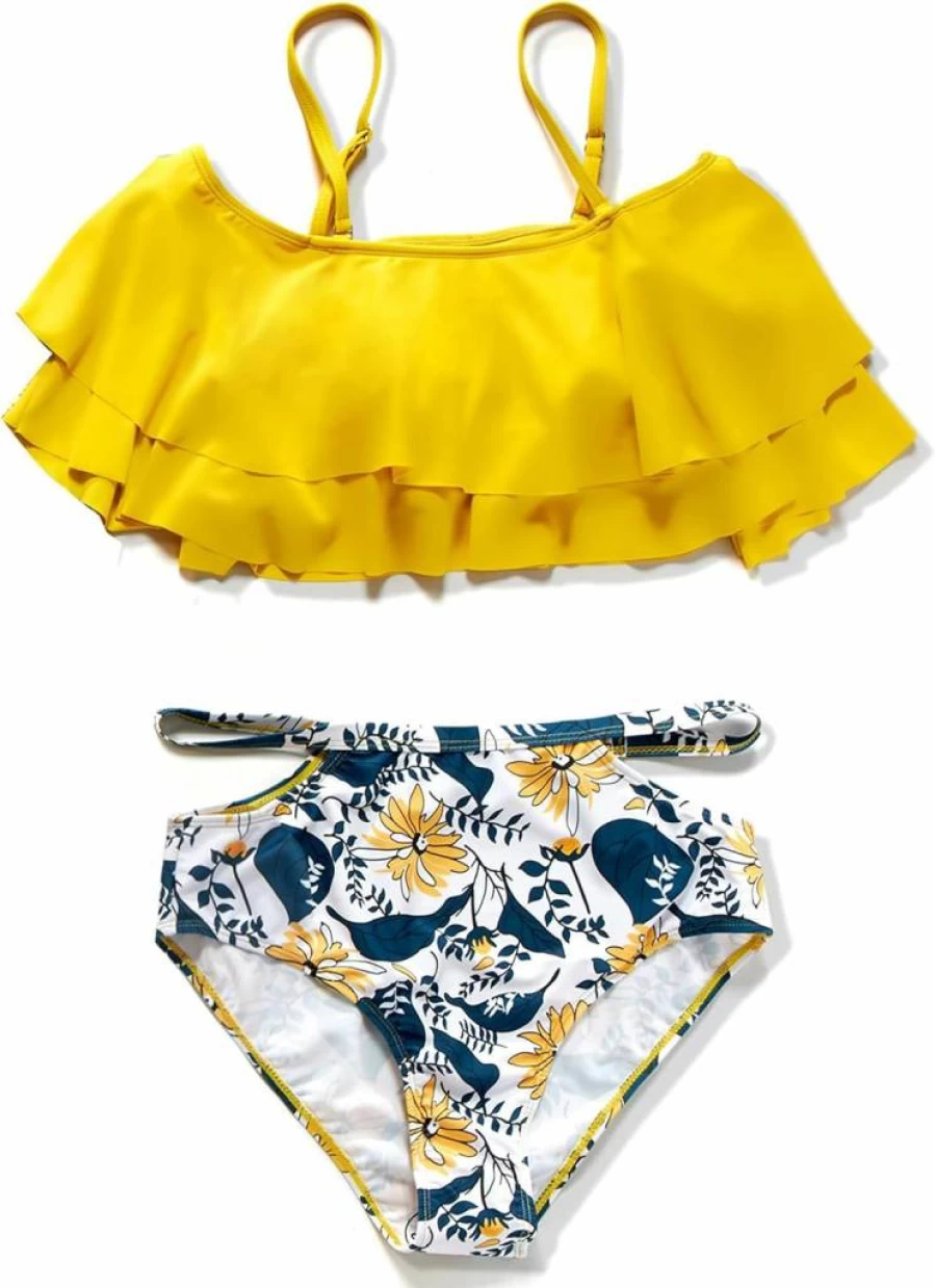 Herbeeza Mommy and Me Matching Bikini Set - Off Shoulder Ruffled Two Piece High Waisted Swimsuits for Women and Girls Family Beach Vacation