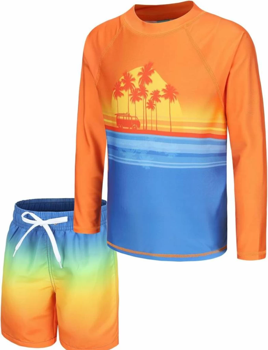 Zestonie Boys' 2-Piece Rash Guard Swimsuits Set - UPF 50+ Long Sleeve Swim Shirt & Quick-Dry Trunks for Kids