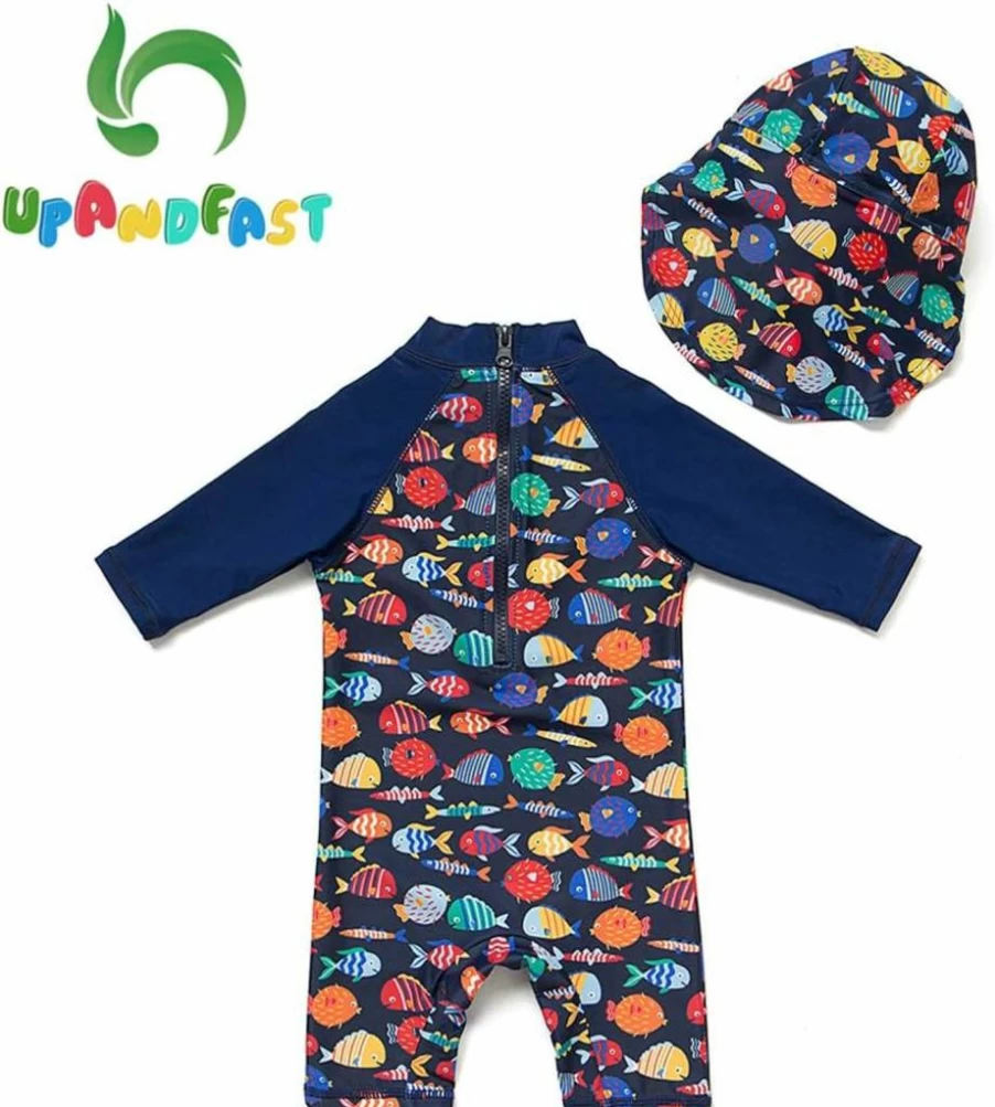 Upandfast Baby One Piece Swimsuit with Sun Hat UPF 50+ Sun Protection Infant Toddler Beach Bathing Suit Zipper Design