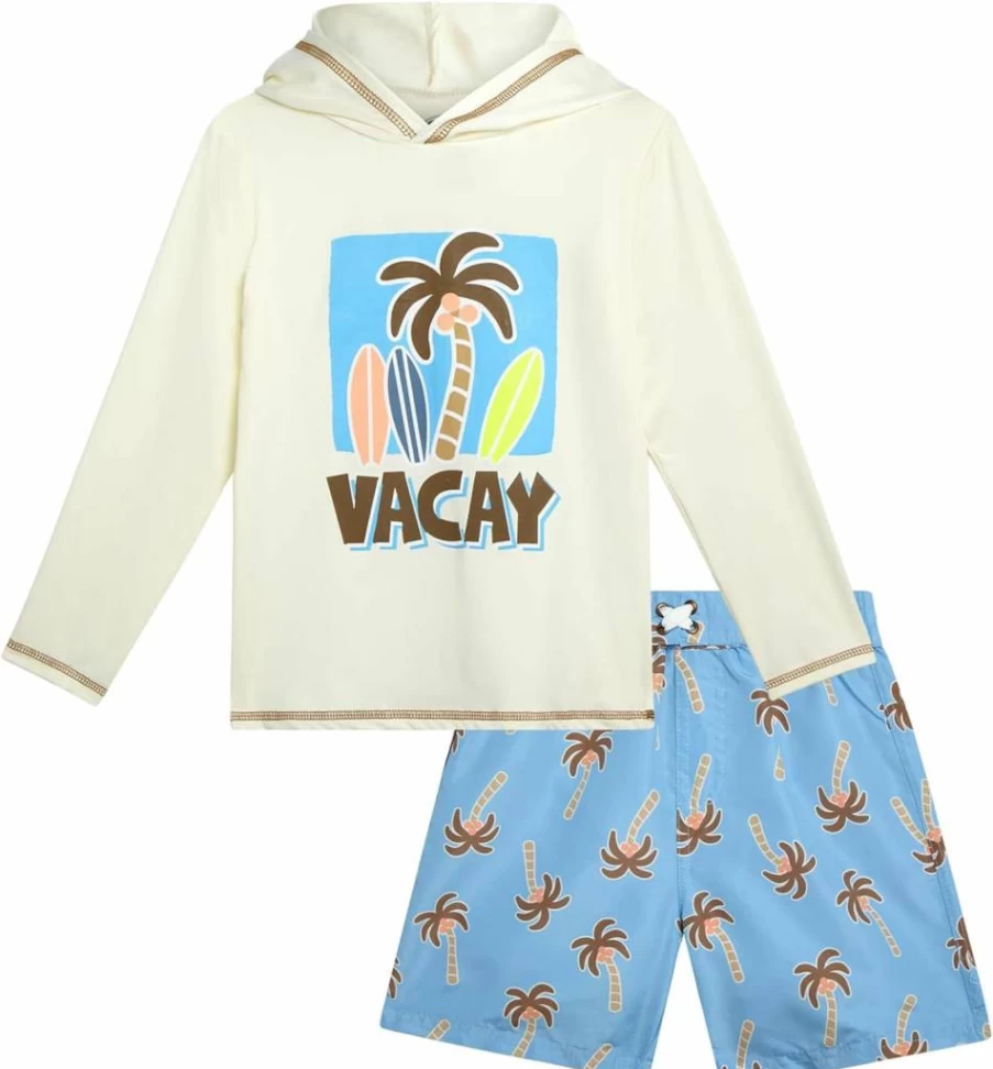 Quad Seven Boys' 2-Piece Swim Set - UPF 50+ Long Sleeve Rash Guard with Hood & Quick-Dry Swim Trunks (Toddler Sizes 2T-7) Summer Beachwear