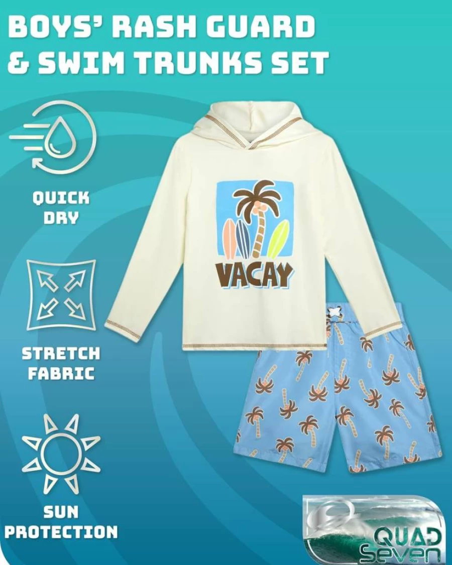 Quad Seven Boys' 2-Piece Swim Set - UPF 50+ Long Sleeve Rash Guard with Hood & Quick-Dry Swim Trunks (Toddler Sizes 2T-7) Summer Beachwear