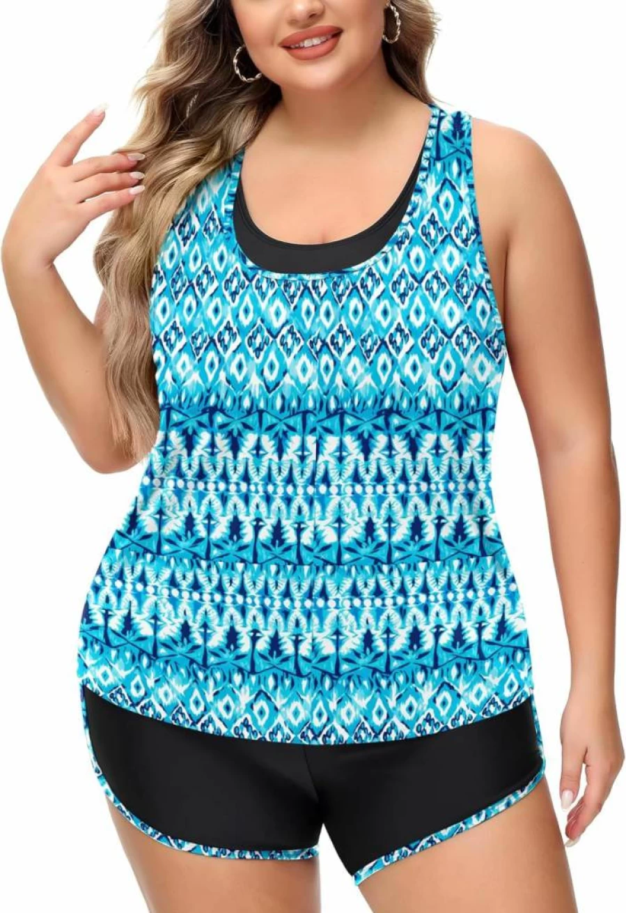 Nieyook Plus Size Women's 3-Piece Athletic Tankini Swimsuits - Sports Bra Tank Top & Boy Shorts Bathing Suits for Swimming