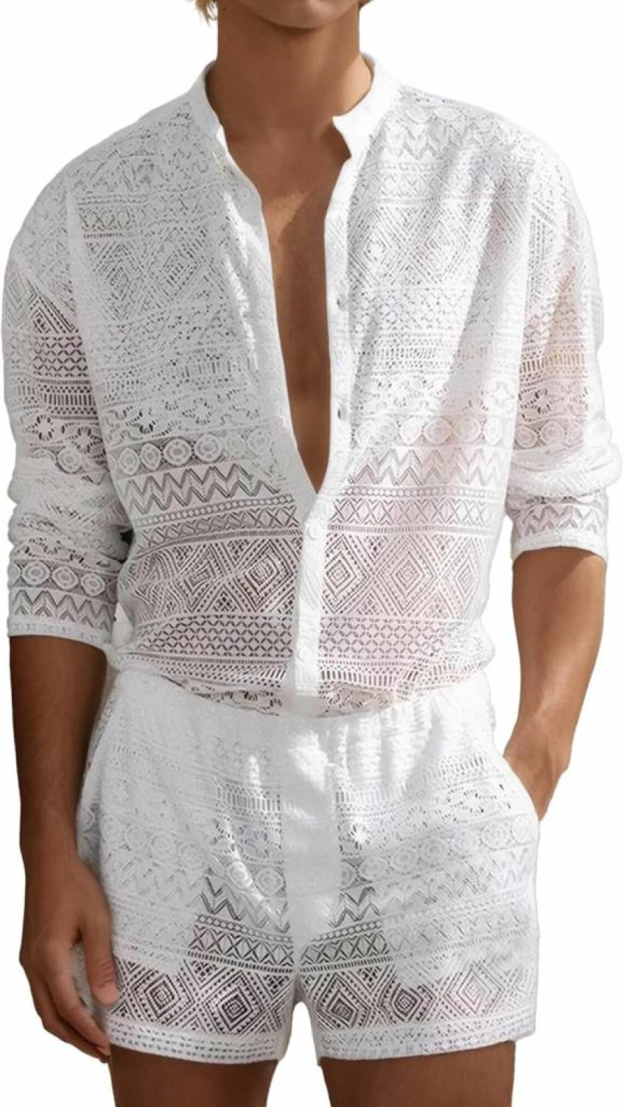 Panegy Men's Summer 2024 Lace Mesh Beachwear Set - Breathable 2-Piece Shirt & Shorts Tracksuit in Sizes M-3XL