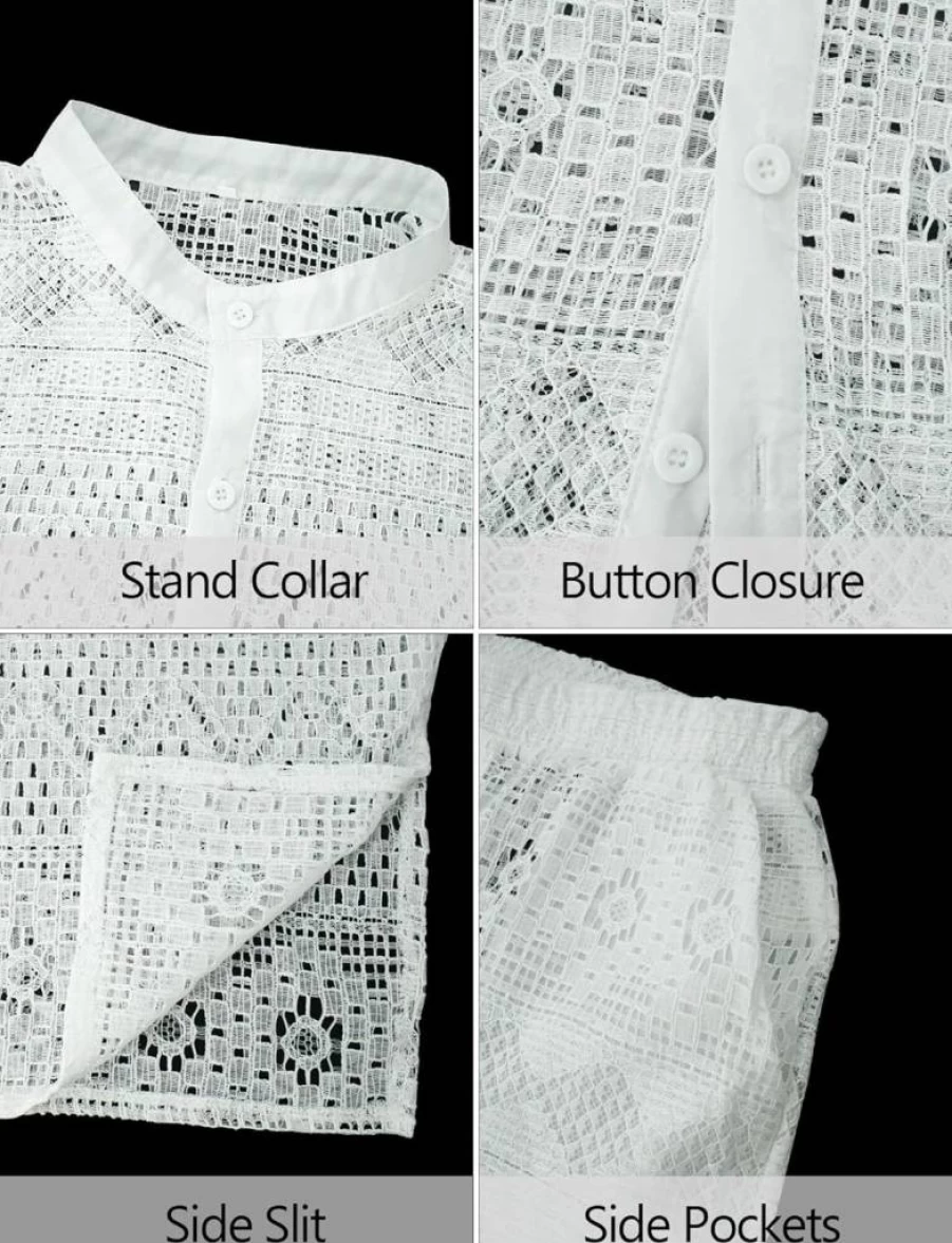 Panegy Men's Summer 2024 Lace Mesh Beachwear Set - Breathable 2-Piece Shirt & Shorts Tracksuit in Sizes M-3XL
