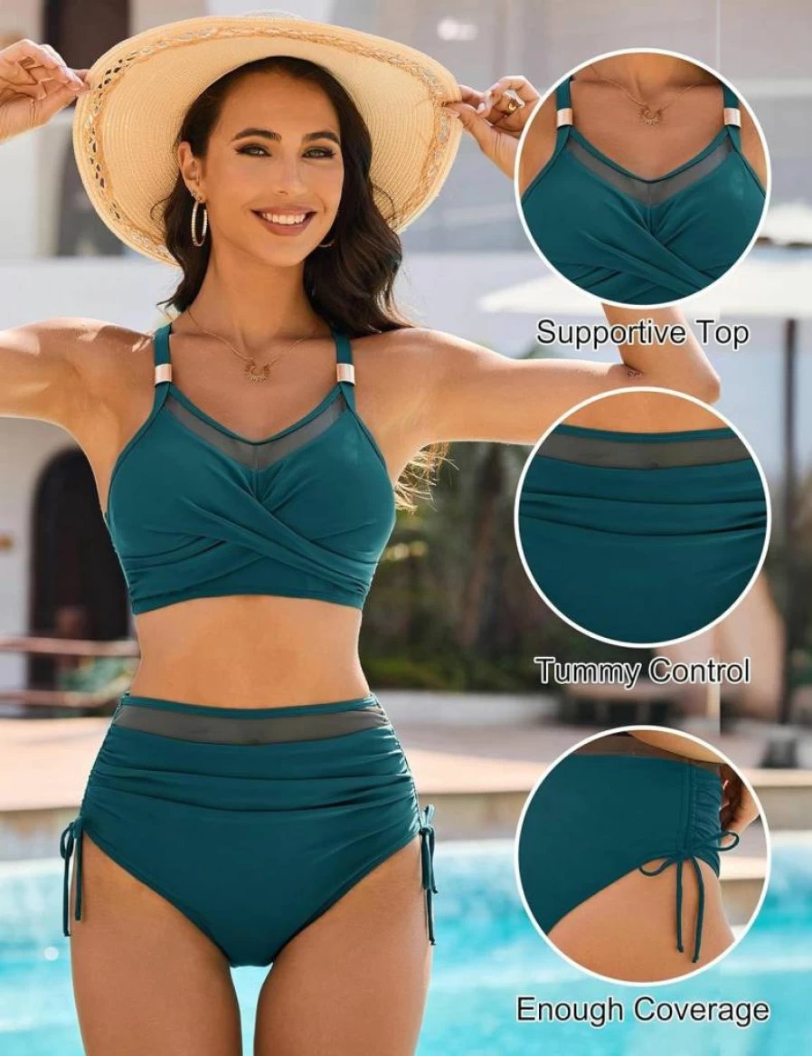 Blooming Jelly Women's High Waisted Bikini Set - Tummy Control Swimsuit with Mesh & Crisscross Back Design