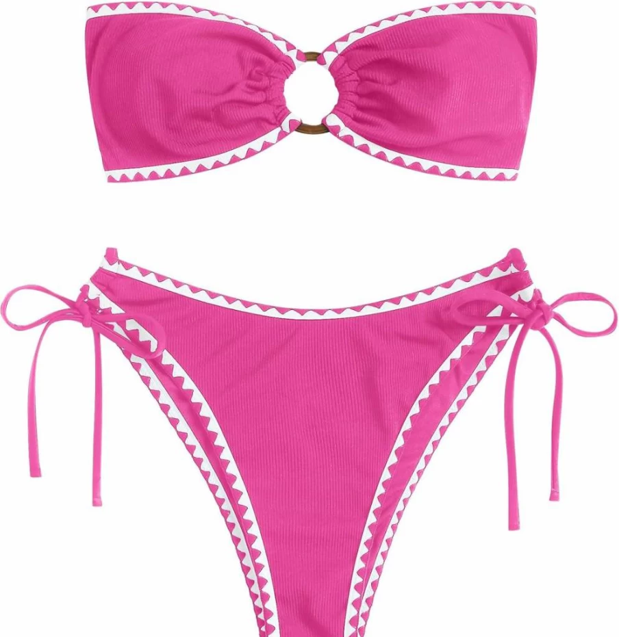 ZAFUL Women's Strapless Bandeau Bikini Set with O-Ring Detail & High Cut Two-Piece Swimsuit