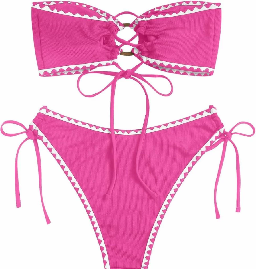 ZAFUL Women's Strapless Bandeau Bikini Set with O-Ring Detail & High Cut Two-Piece Swimsuit