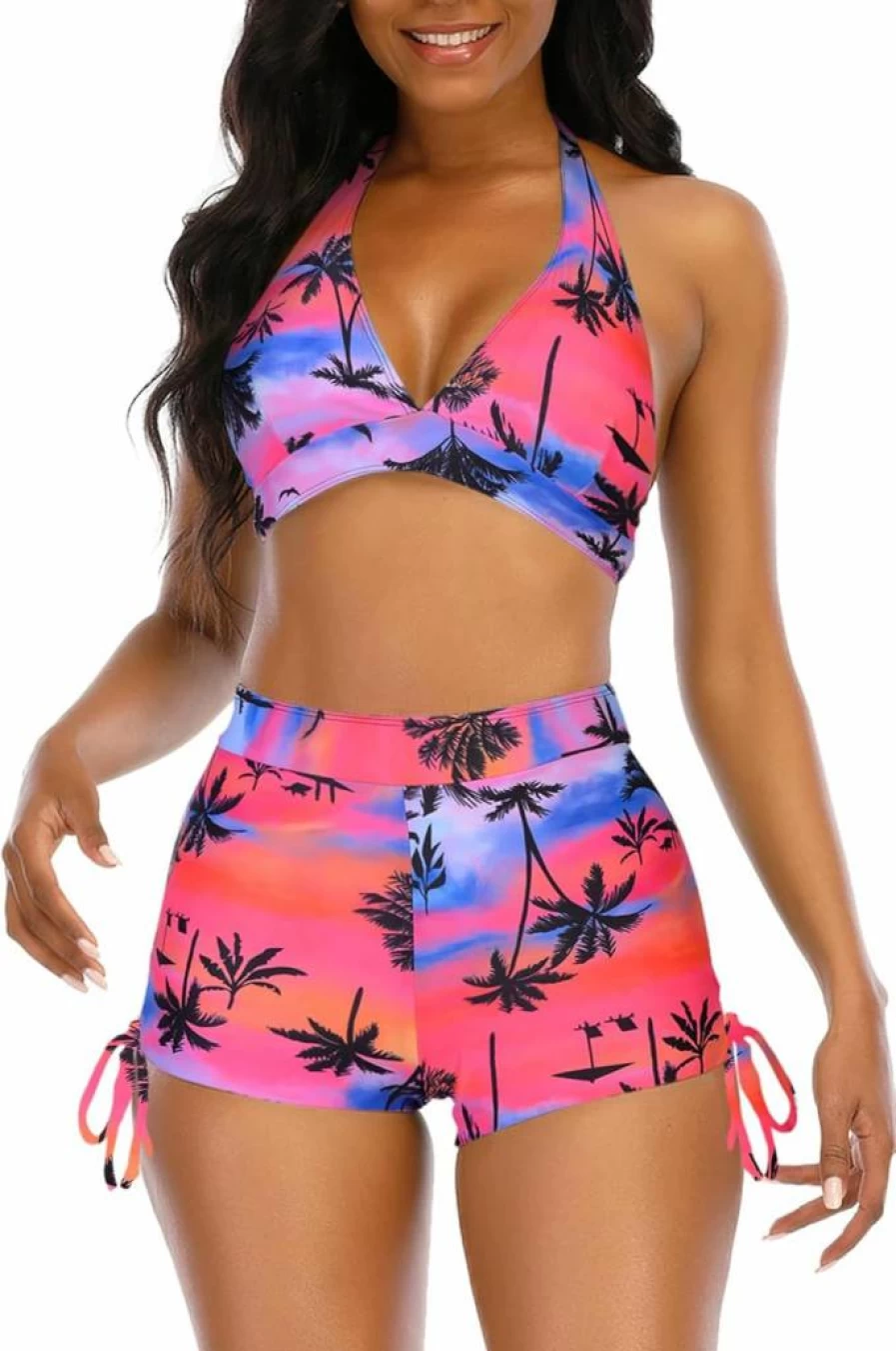 Adisputent Women's Striped High Waisted Bikini Set - Brazilian Boy Shorts & Halter Triangle Top Two Piece Swimsuit