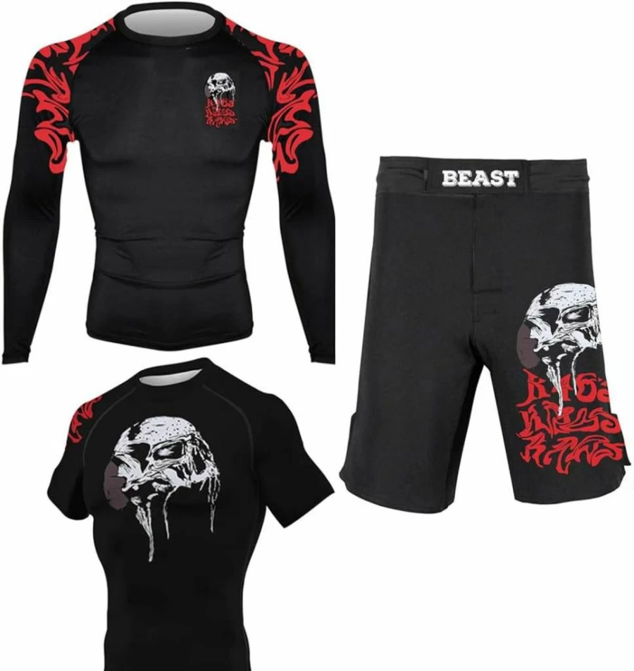 CHOO Men's Skull Hunger Base Layer Set - Long Sleeve/Short Sleeve Undershirt & Board Shorts - Small