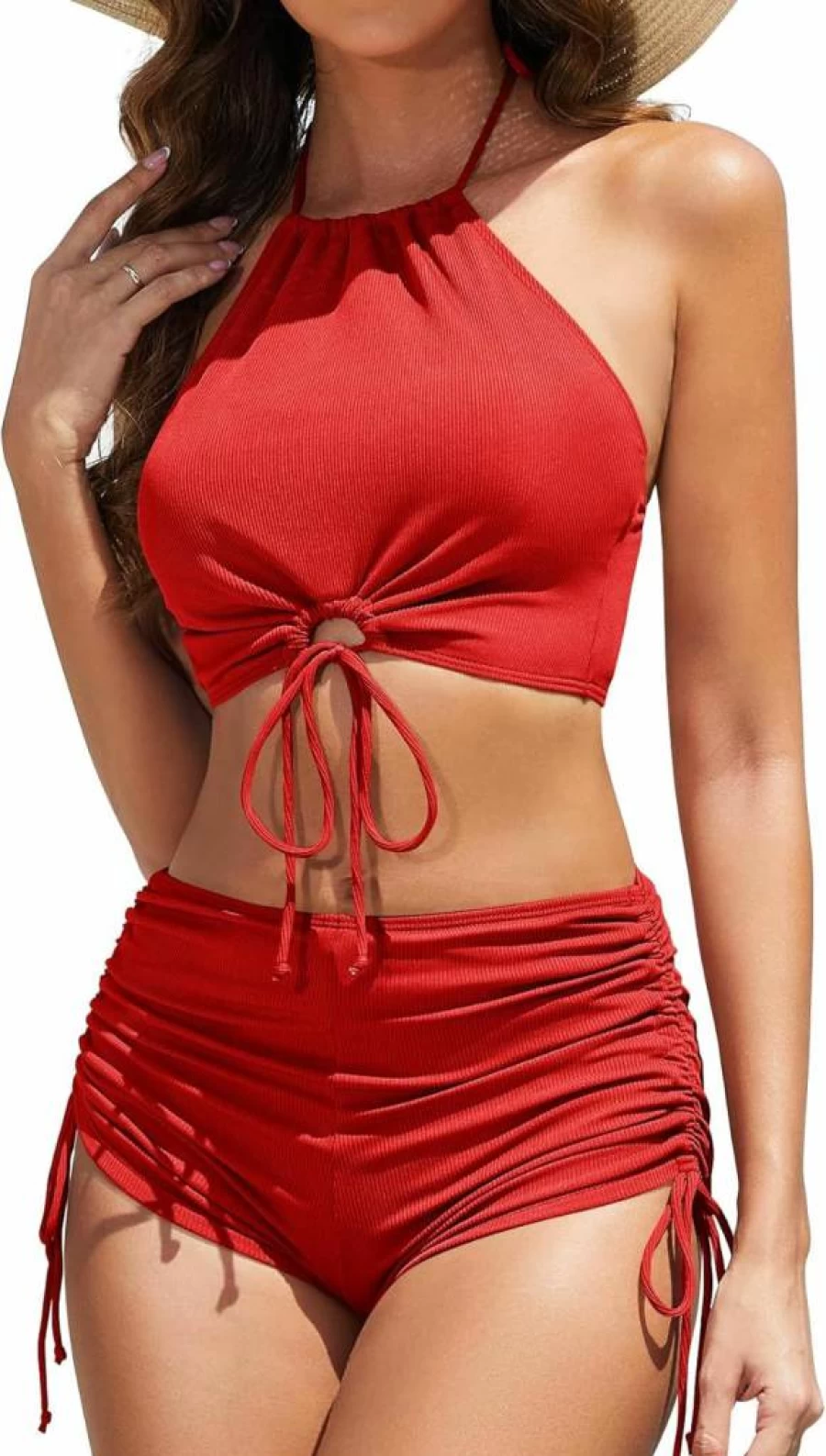Sucrefas Women's High Waisted Bikini Set - Tummy Control Two Piece Swimsuit with Halter Top and Drawstring