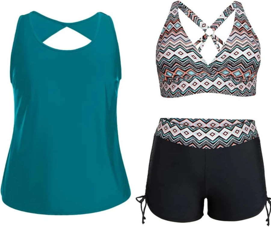 Holipick Plus Size 3 Piece Tankini Swimsuits for Women - Tummy Control Bathing Suit with Sports Bra & Shorts