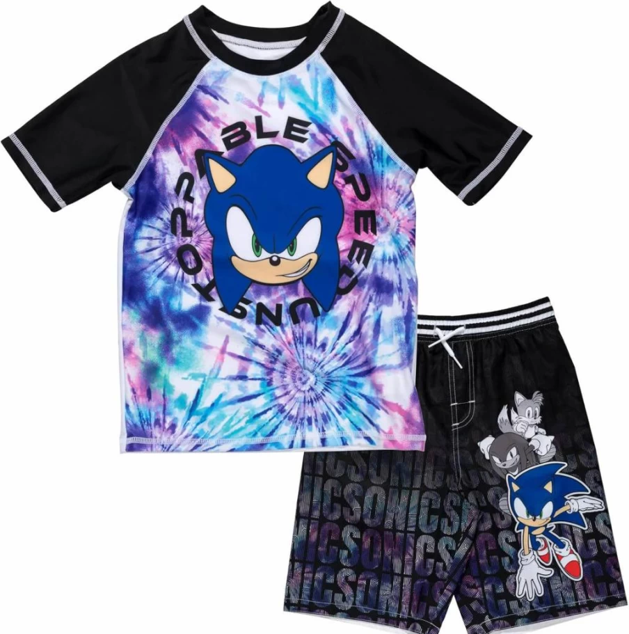SEGA Sonic The Hedgehog Kids' Swim Set - Pullover Rash Guard & Swim Trunks for Little to Big Kids