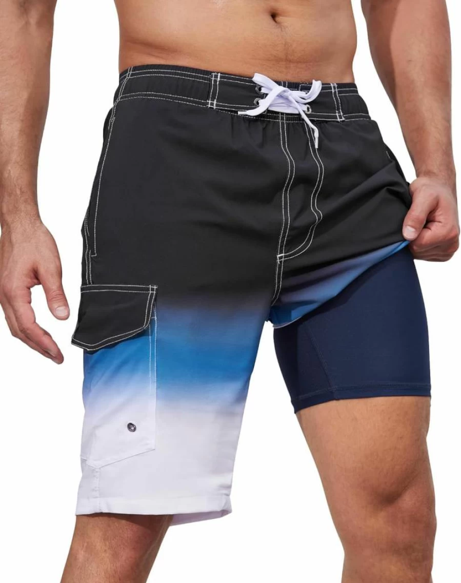 SILKWORLD Men's Quick-Dry Swim Trunks with Compression Liner 10" Stretch Beach Shorts for Swimming & Surfing
