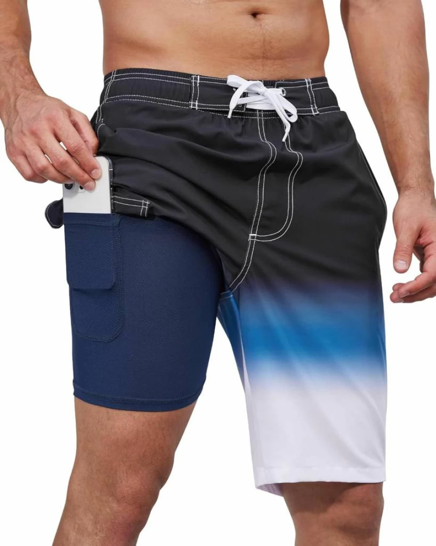 SILKWORLD Men's Quick-Dry Swim Trunks with Compression Liner 10" Stretch Beach Shorts for Swimming & Surfing