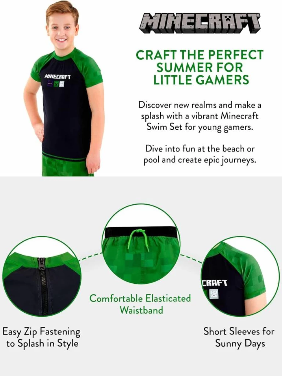 Minecraft Boys Swim Trunks Set | Officially Licensed Gaming Swimwear for Kids | Sizes 6-14 | Quick-Dry Bathing Suit