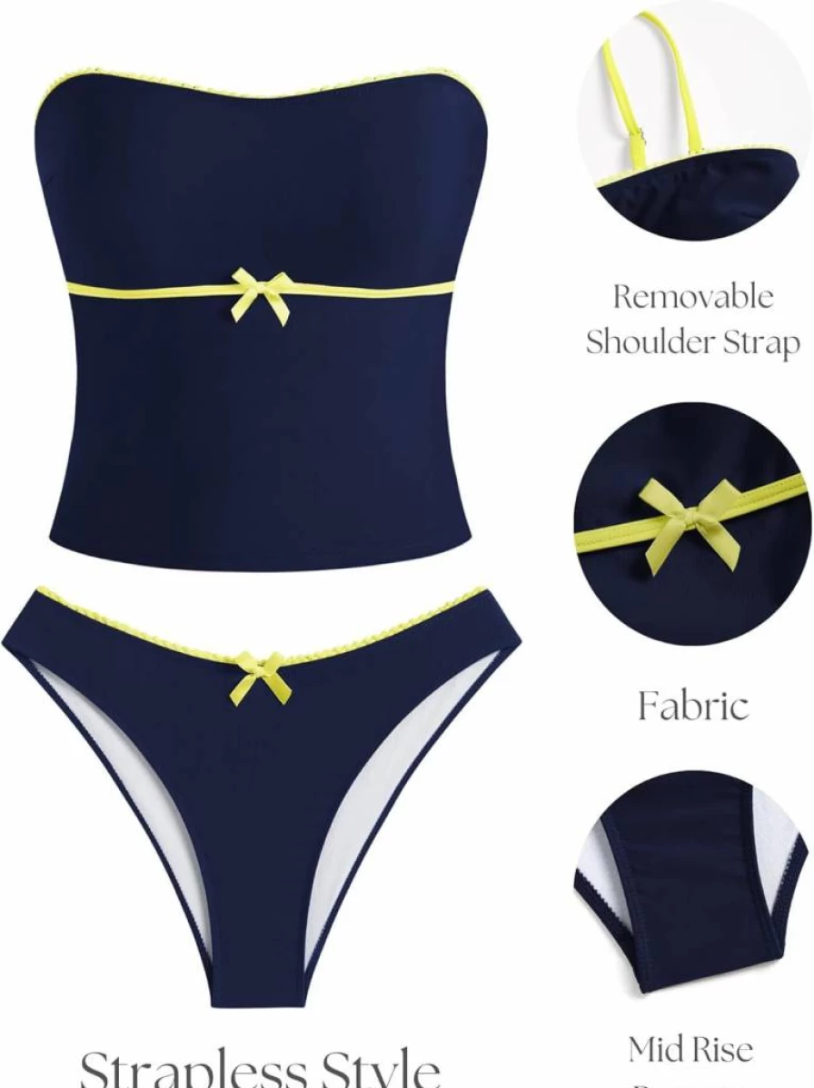 ZAFUL Women's High Cut Tankini Bikini Set with Bow Tie Detail & Tummy Control Two Piece Swimwear