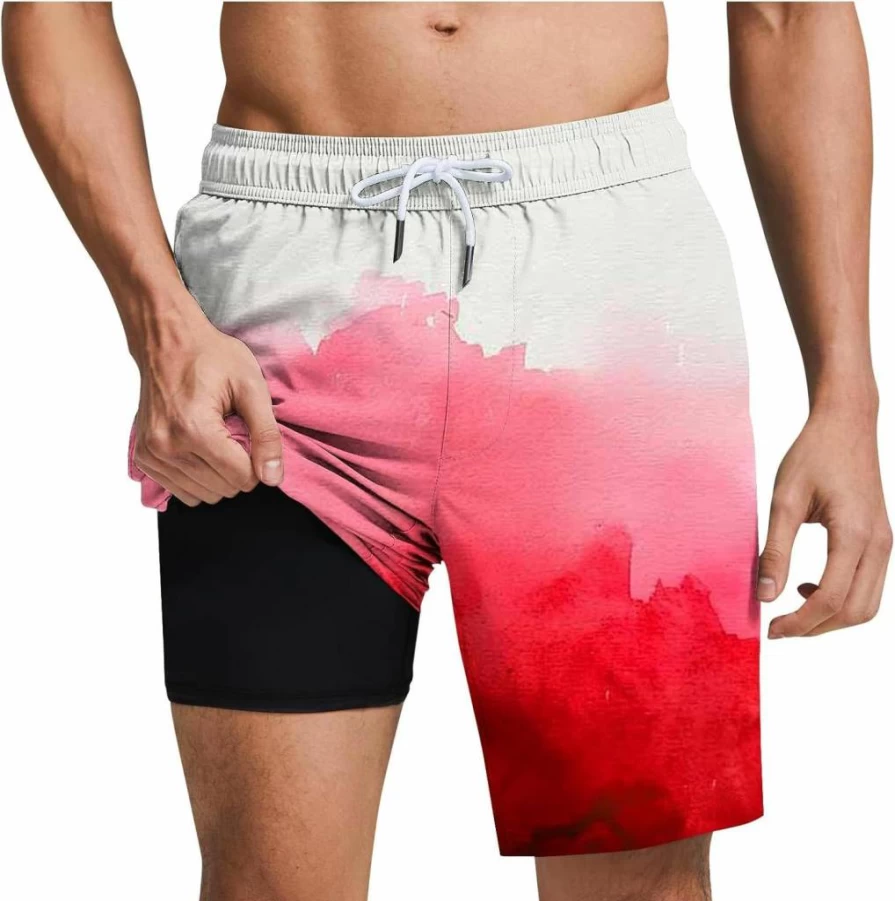Men's Quick Dry Swim Trunks with Mesh Liner, Elastic Waist & Gradient Print - Casual Beach Shorts with Pockets