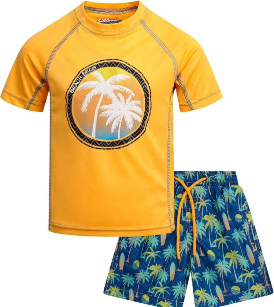 Beach Bros. UPF 50+ Boys Rash Guard Swim Set - Quick Dry Short Sleeve Swimwear for Kids Ages 5-14 - Sun Protection Bathing Suit