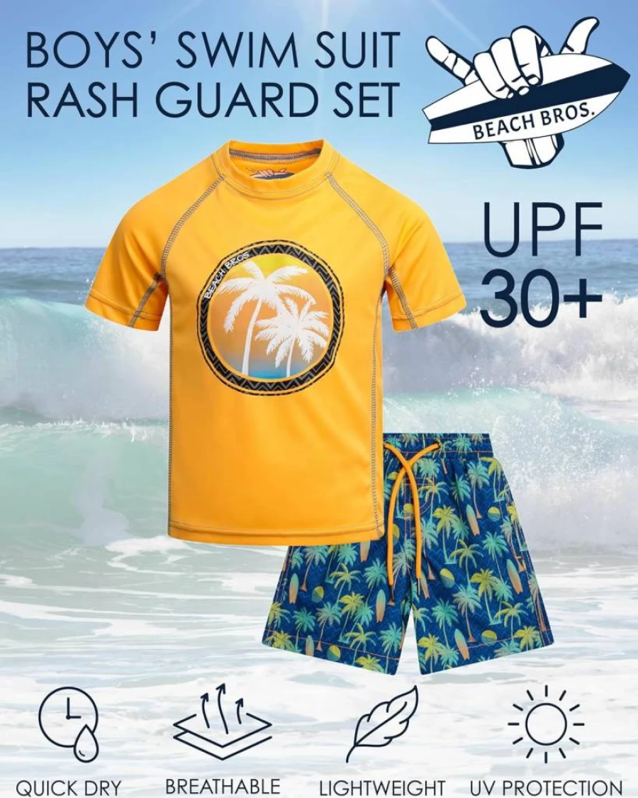 Beach Bros. UPF 50+ Boys Rash Guard Swim Set - Quick Dry Short Sleeve Swimwear for Kids Ages 5-14 - Sun Protection Bathing Suit