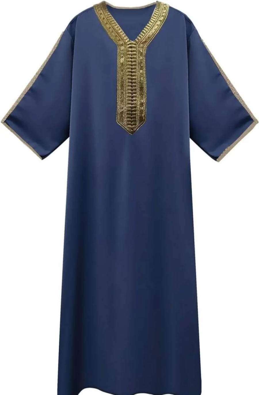 Generic Men's Summer Long Sleeve Loose Fit Business Shirt - Solid Color Muslim Robe - Large Size Casual Stitched Shirts for Men