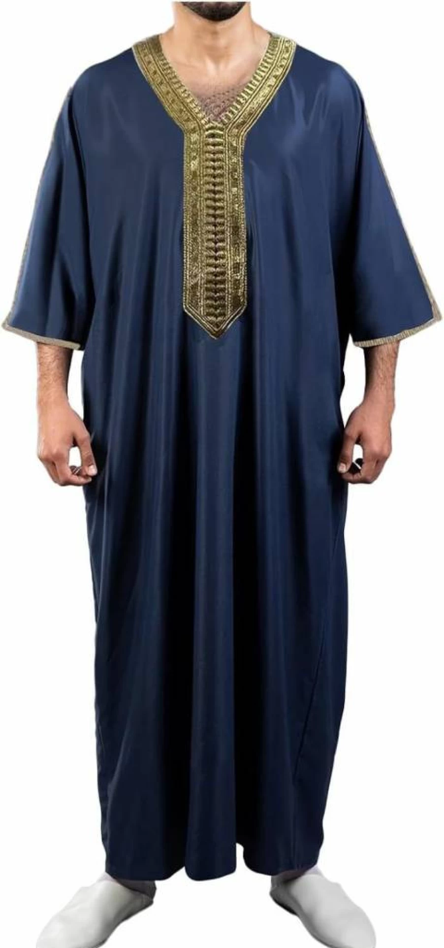Generic Men's Summer Long Sleeve Loose Fit Business Shirt - Solid Color Muslim Robe - Large Size Casual Stitched Shirts for Men