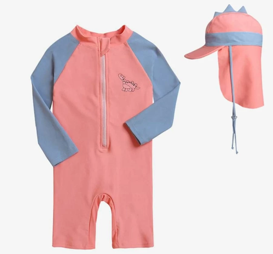 Best for All Kids Dinosaur Swim Set - UPF 50+ Sun Protection Rash Guard & Hat, Boys Girls One-Piece Zipper Bathing Suit Swimwear