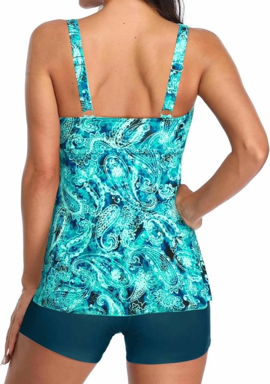 Yonique Women's Modest Flowy Tankini Swimwear Set - V-Neck Tank Top & Boyshorts Bathing Suit