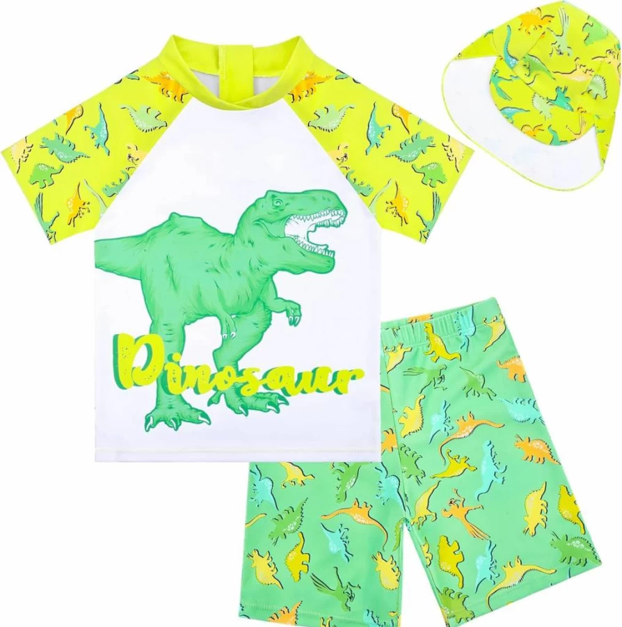 PAMAID Boys 2-6 Years Rash Guard Swimwear Set - UPF 50+ Sun Protection Short Sleeve Swim Shirt & Trunks with Matching Sun Hat