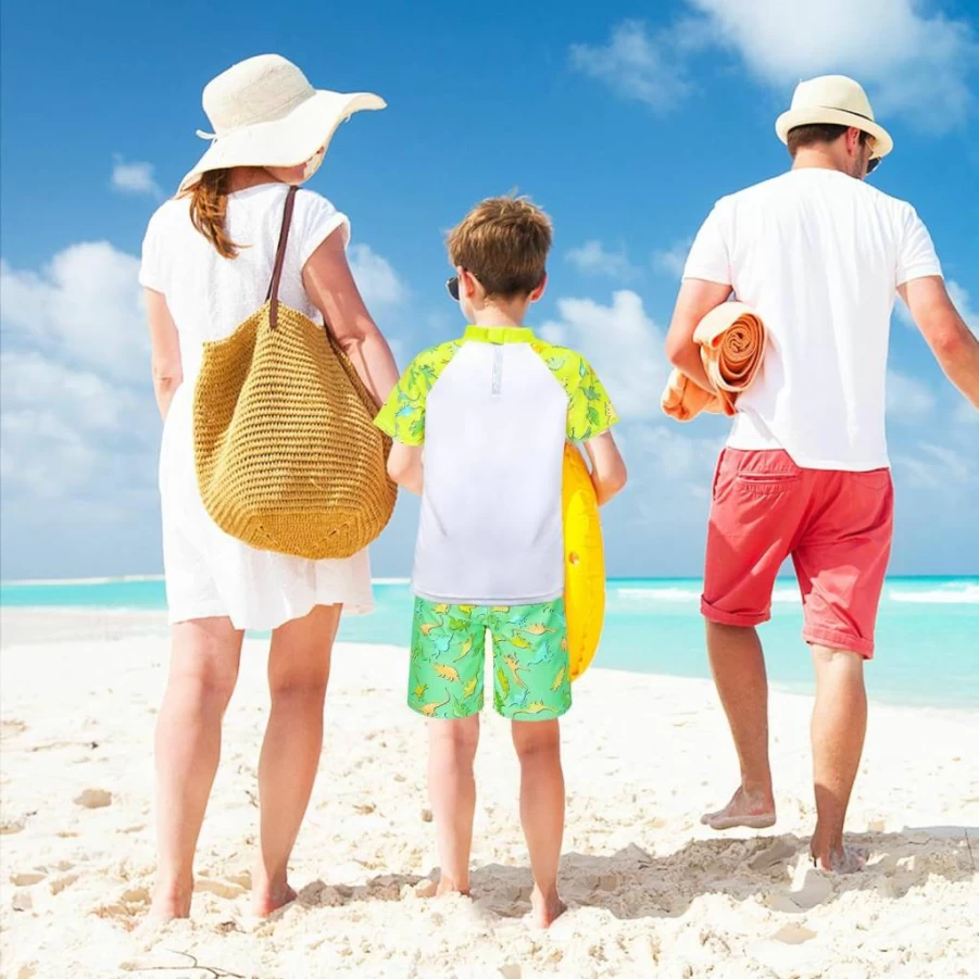 PAMAID Boys 2-6 Years Rash Guard Swimwear Set - UPF 50+ Sun Protection Short Sleeve Swim Shirt & Trunks with Matching Sun Hat