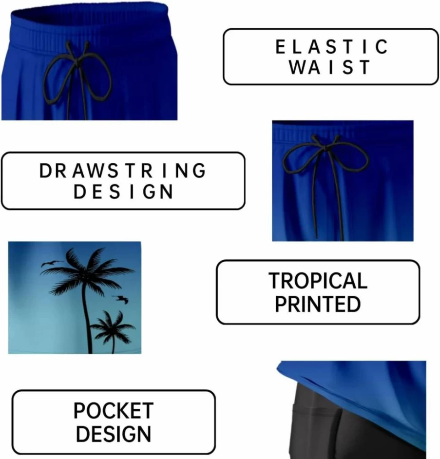 Men's Quick-Dry Swim Trunks with Compression Liner - Tropical Print Beach Shorts for Summer Swimming, Bathing Suit with Pockets (Generic)