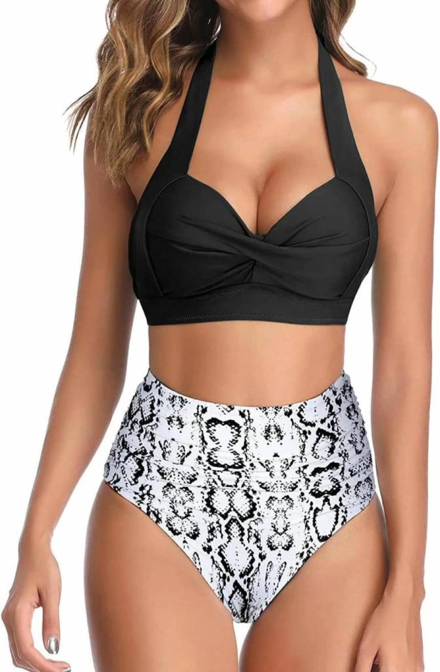 Tempt Me Vintage Retro Women's Two-Piece Swimsuit - Halter Ruched High Waist Bikini Set