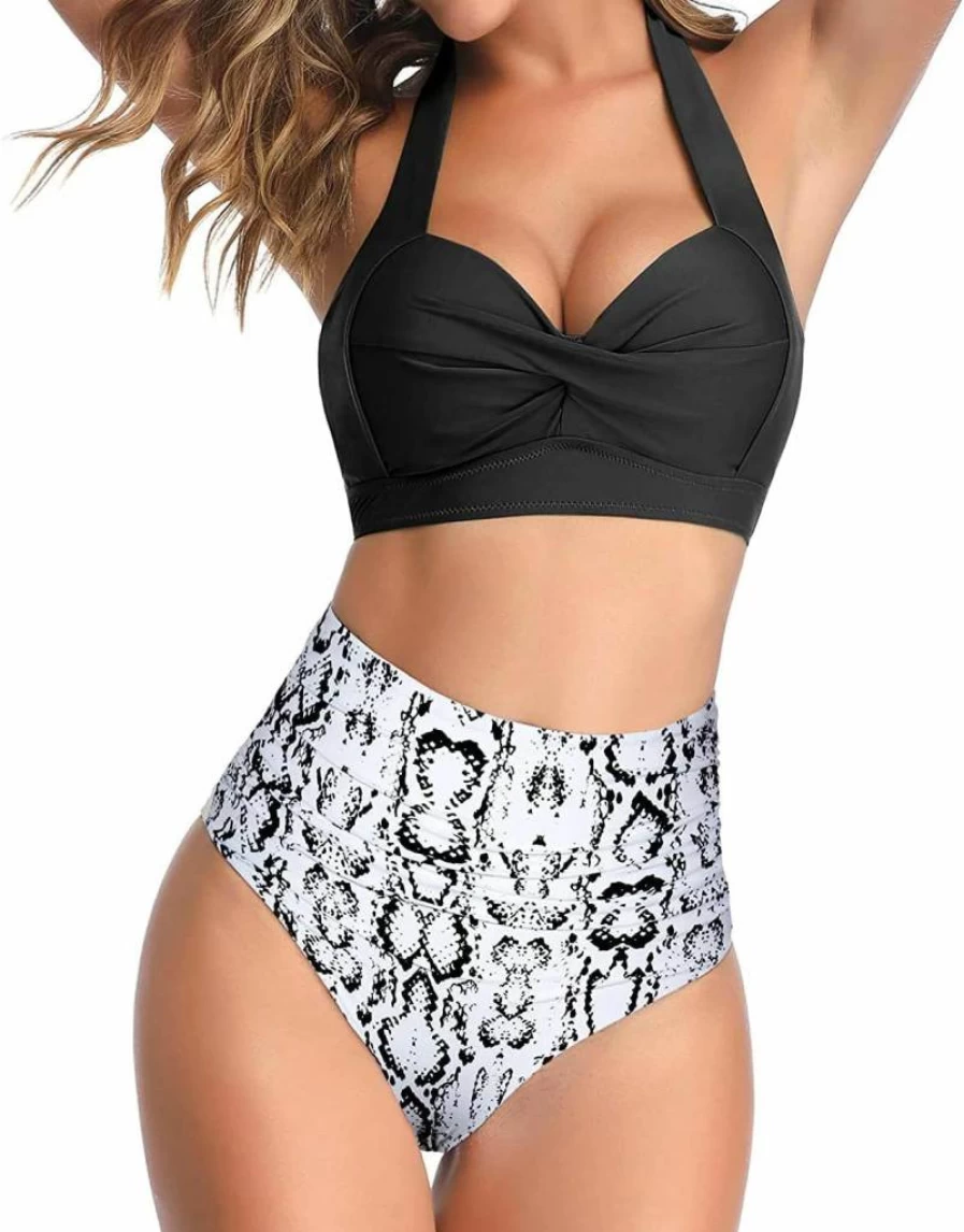 Tempt Me Vintage Retro Women's Two-Piece Swimsuit - Halter Ruched High Waist Bikini Set