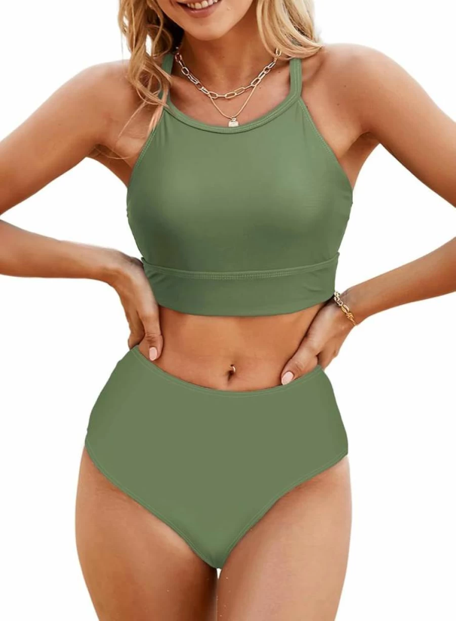 Herseas Women's High Waisted Bikini Set - Tropical Leaf Print High Neck Two Piece Swimsuit for Women